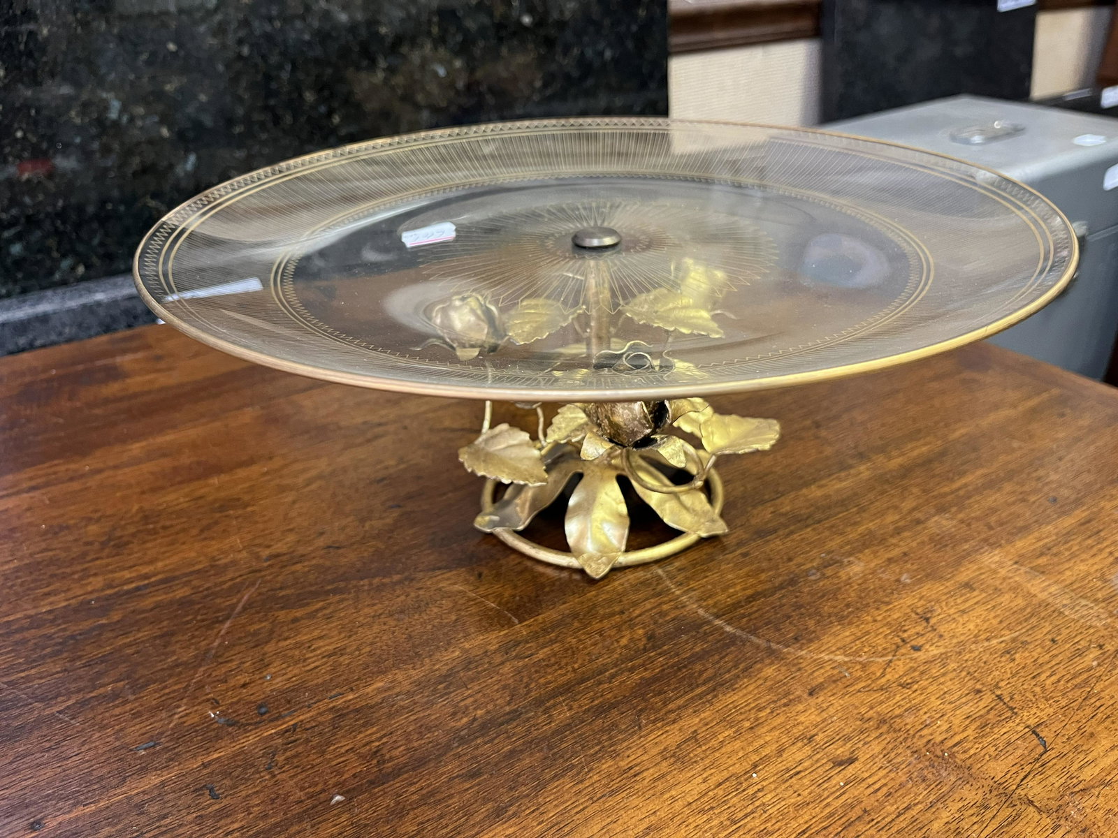 Cake/Desert Plate: Vintage Italian Flamingo Gold Barrel Crystal Tole Cake/Dessert Plate, 5h x 12 1/4dia. 150h-100L-25s