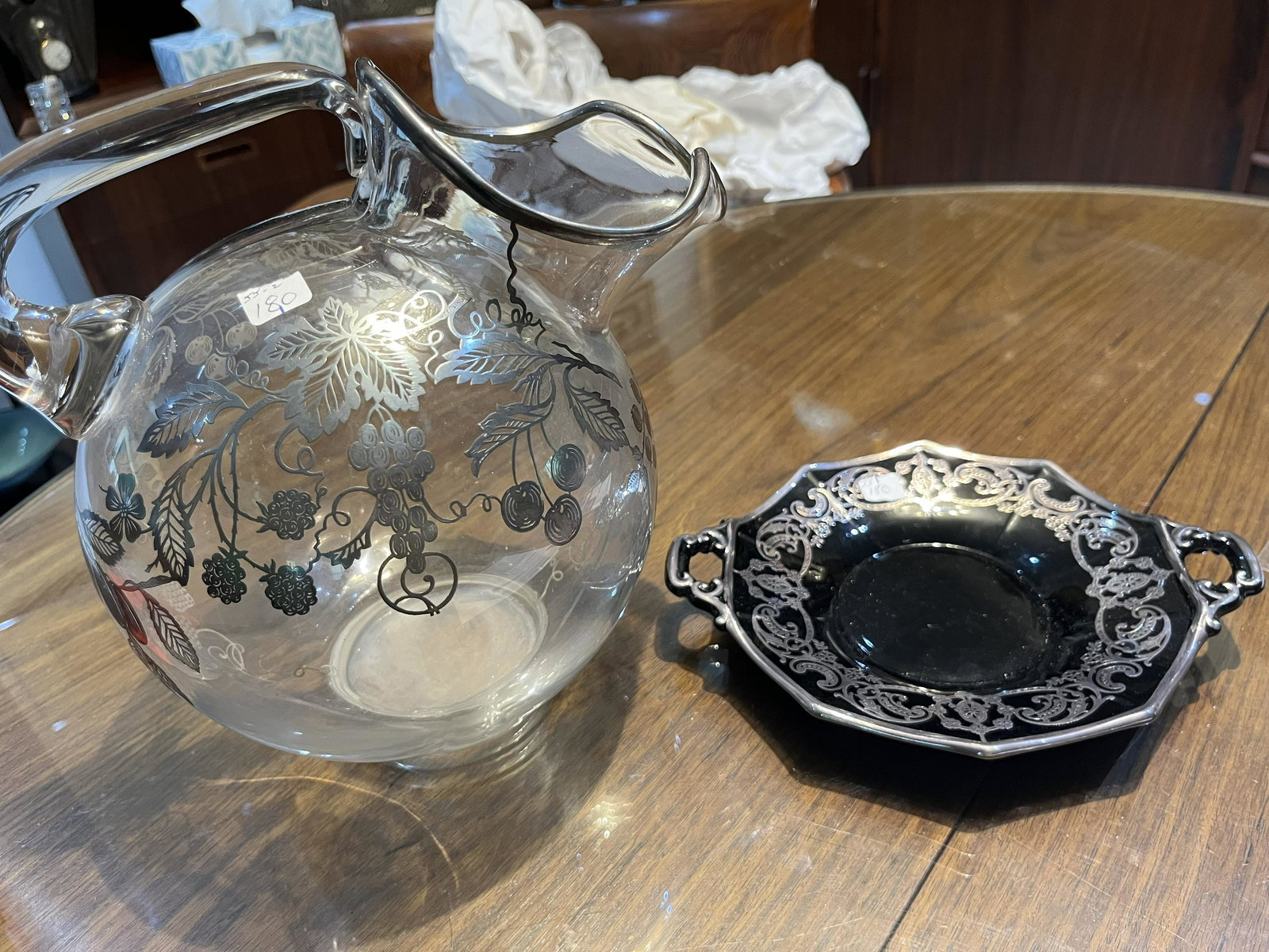 Silver Overlay Pitcher/Dish: Vintage Silver Overlay Ball Pitcher & 2-Handle Dish