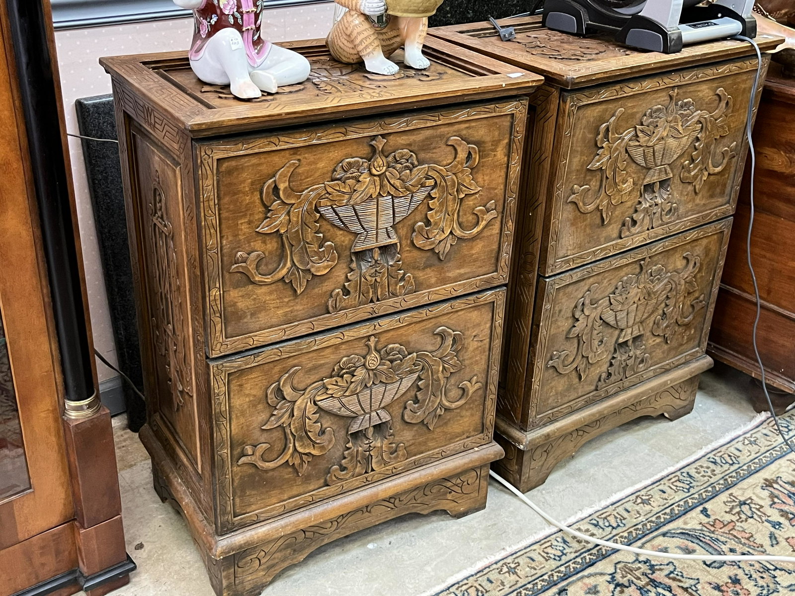 File Cabinet, Carved Wood: Carved Wood Double Drawer File Cabinet, 33h x 22.5w x 15d