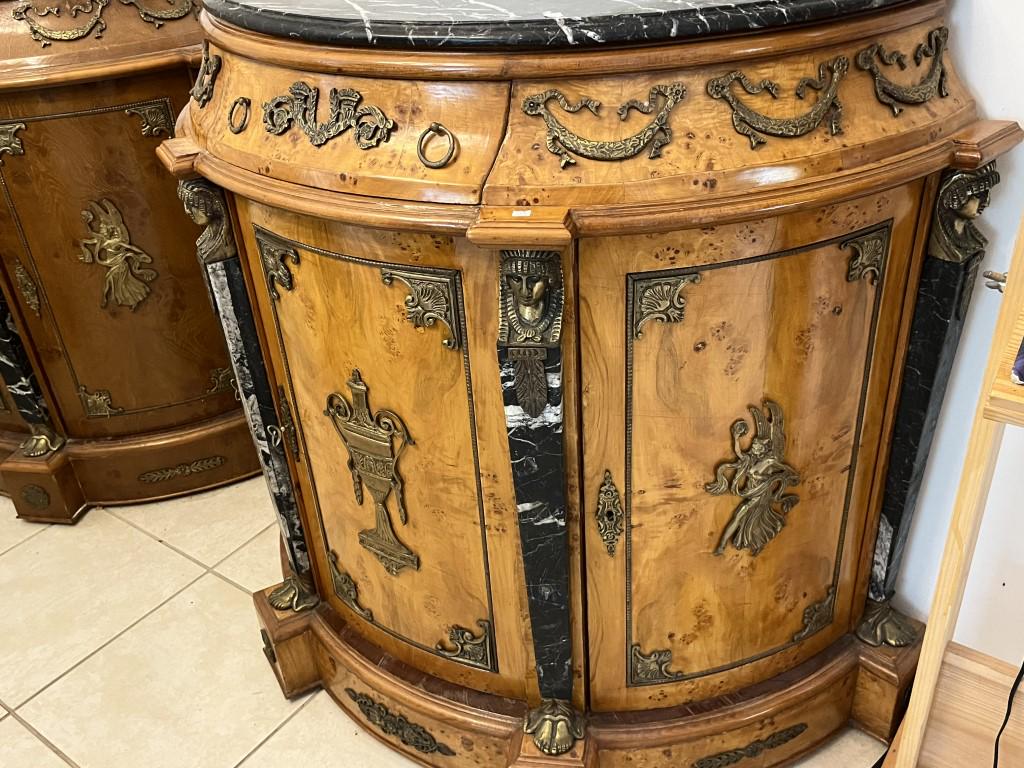 Empire Birds Eye Maple Demi-Lune Commode: Birds Eye Maple, Marble Top French Empire Demi Lune Commode with attached Ormolu, 41h x 47w x 22d (Marble Top Is Broke)