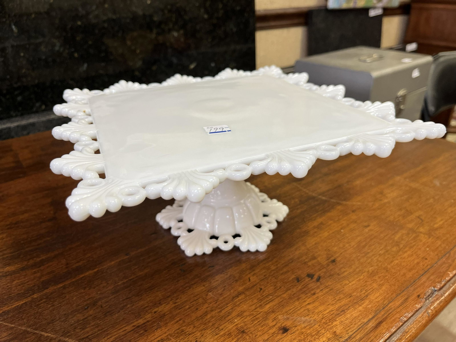 Westmoreland Milk Glass Bridel/Baby Shower Cake Stand: Westmoreland Ring & Pedal Milk Glass Square Bridel/Baby Shower Pedestal Cake Stand, 4.5h x 10sq.