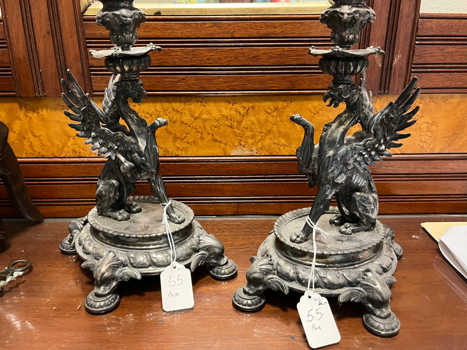 Pair Empire/Gargoyle Candle Sticks: Pair Vintage Empire 10.5"h Silver Gargoyle Candle Sticks