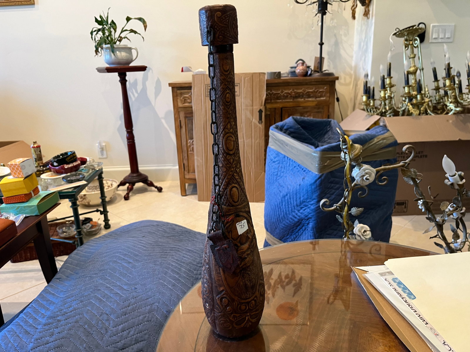 Leather 18"h Decanter: Leather Bound 18"h Decanter (cork is broken)