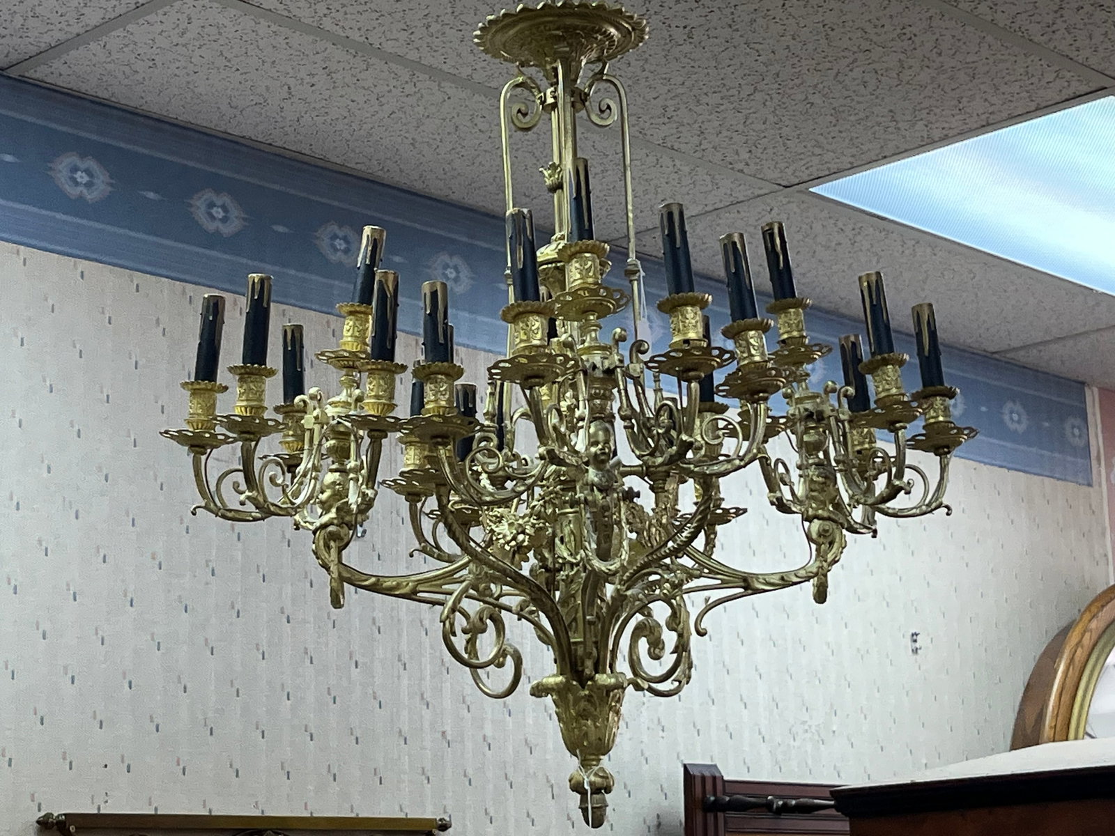 Chandelier, Gilt Bronze: Vintage Gilt Bronze Chandelier with attached Angels, 31h x 31w