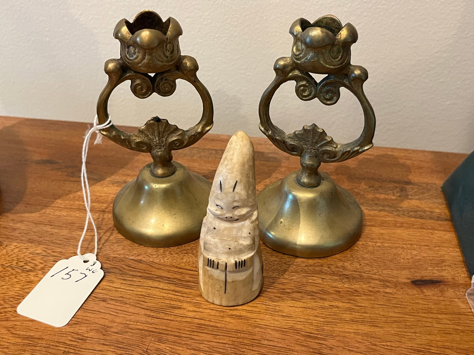 2-Brass Candle Sticks/Antique Tusk: 2-Brass Korean Candle Sticks 4.5"h & Antique Tusk