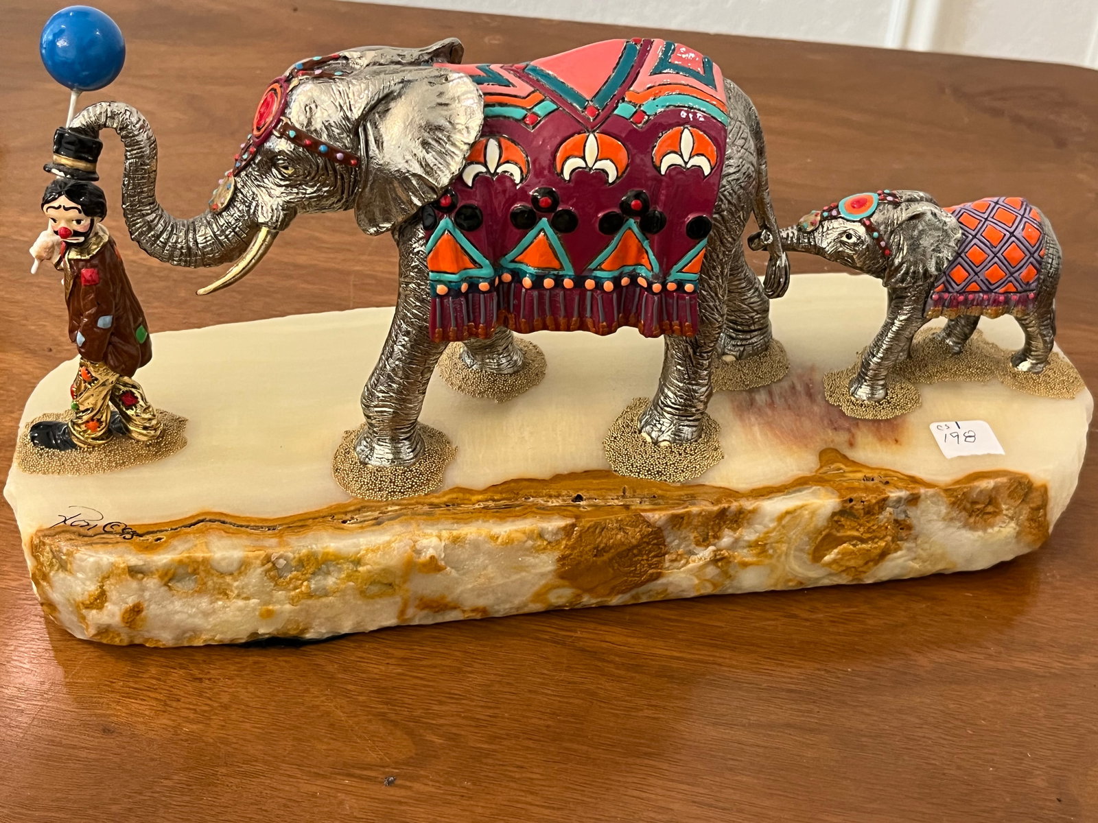 Circus Sculpture on Onyx: Ron LEE hand painted clown with Elelphants sculpture on an onyx base (missing 1-tusk) 458/750