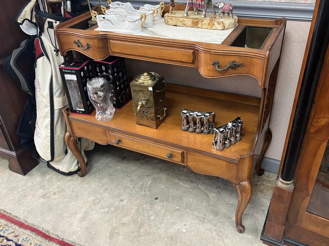 Planter Buffet, 1950's: Vintage Planter Buffet with Brass Planter Pans on each end with Inserted Marble on Top, 1950