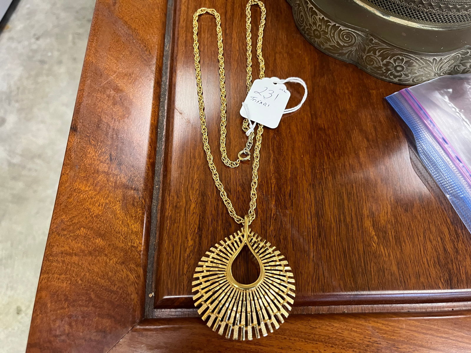 Vintage Trifari Peacock Fan Necklace: Gold Tone Trifari Necklace, Peacock Style Shape Fans Out From A Teardrop Center. 1960's, Chain Measures 28"