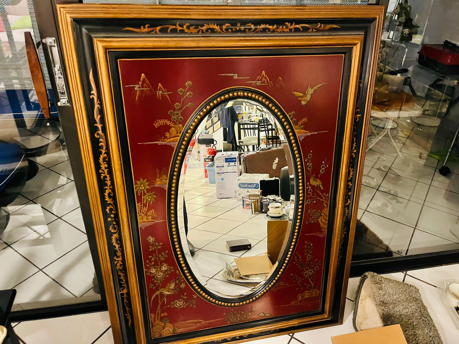 Black & Maroon Chinese. Framed Wall Mirror (1 of 9)