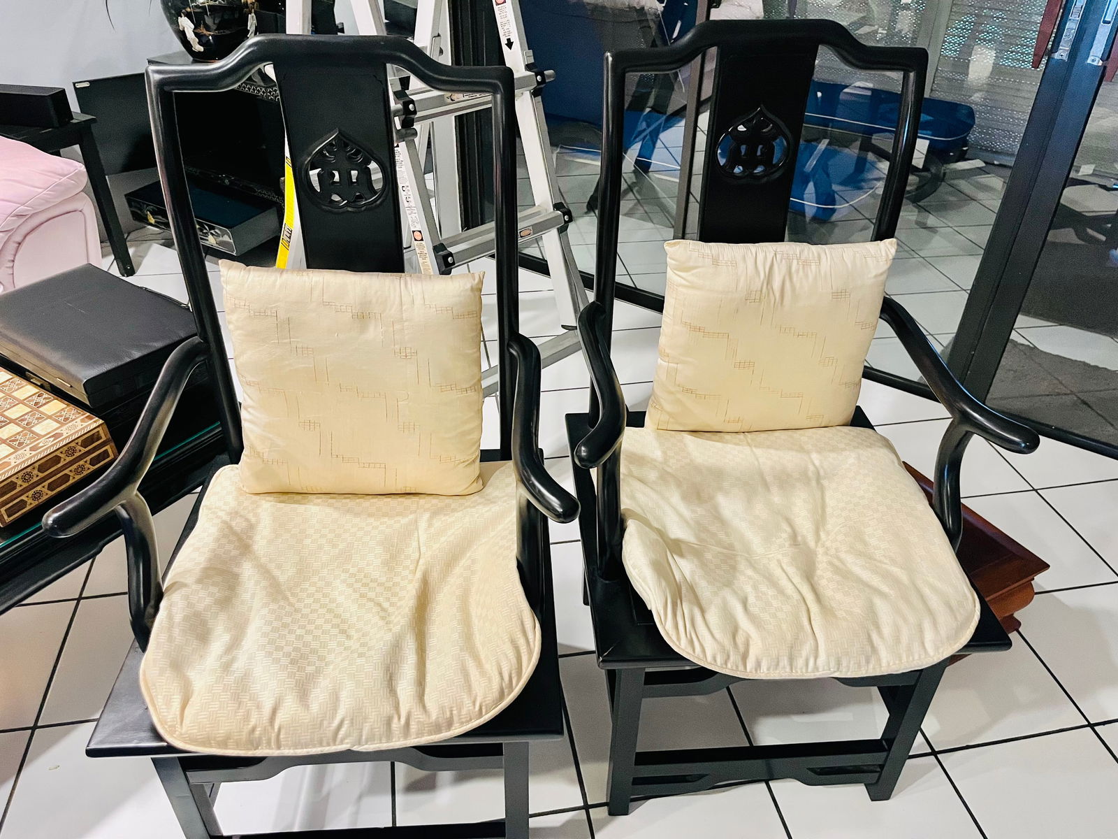 Pair Black Asian Arm Chairs (1 of 3)