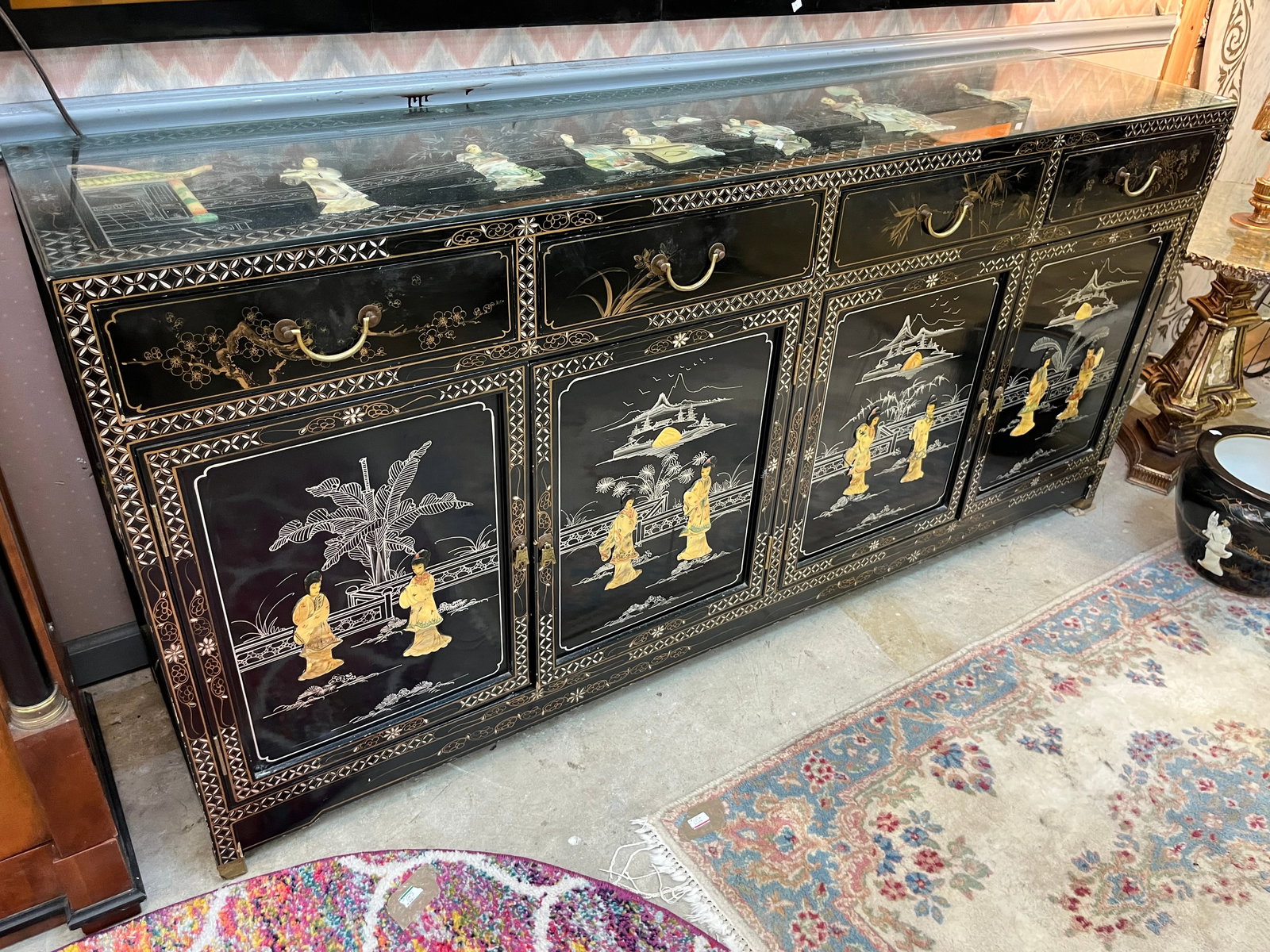 Japanese Sideboard/Buffet: Vintage Japanese Sideboard/Buffet with Raised Mother of Pearl, 33 1/2h x 72w x 18d
