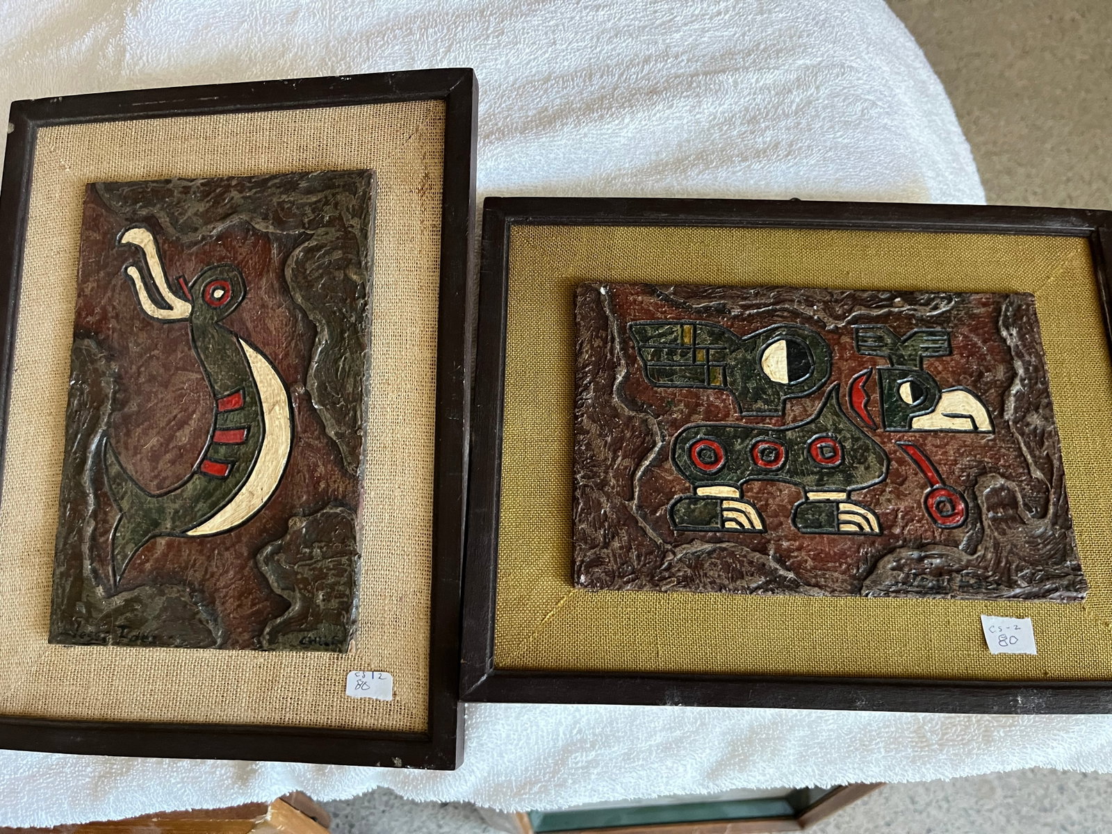 2-Sculptured Plaques, Jesus Fernandez: (2) Sculptured Plaques from Chile 1979 by Jesus Fernandez, 10 1/4x7 3/4 & 7 3/4x10