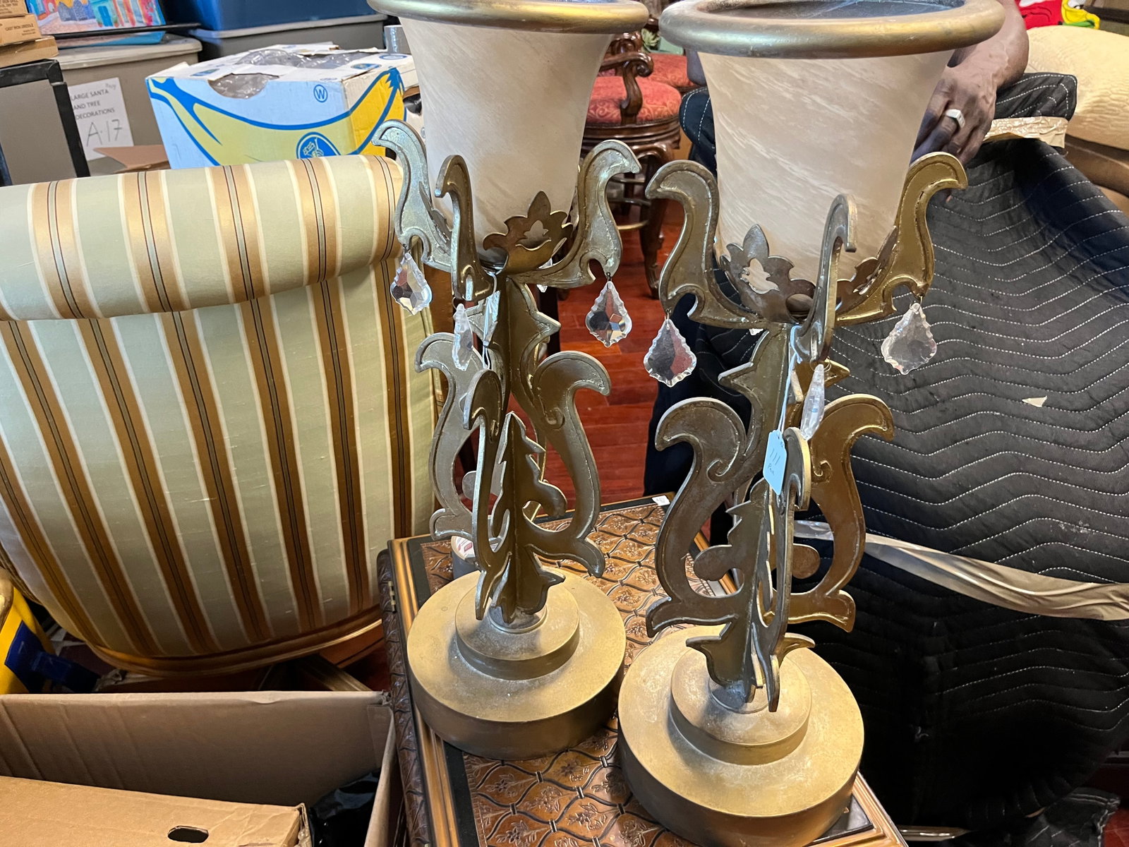Gold Metal w/Crystal Candle Holders: Gold Metal Base Candle Holders with Hanging Crystal