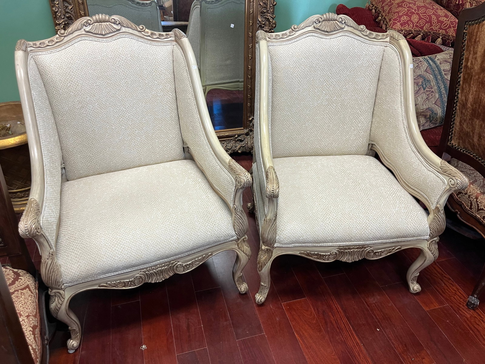 Pr. CrÃ¨me Color Bergere Chairs: Pair Open French Style Bergere Chairs. Painted CrÃ¨me Color finish with /Subtle Distressed Edges.