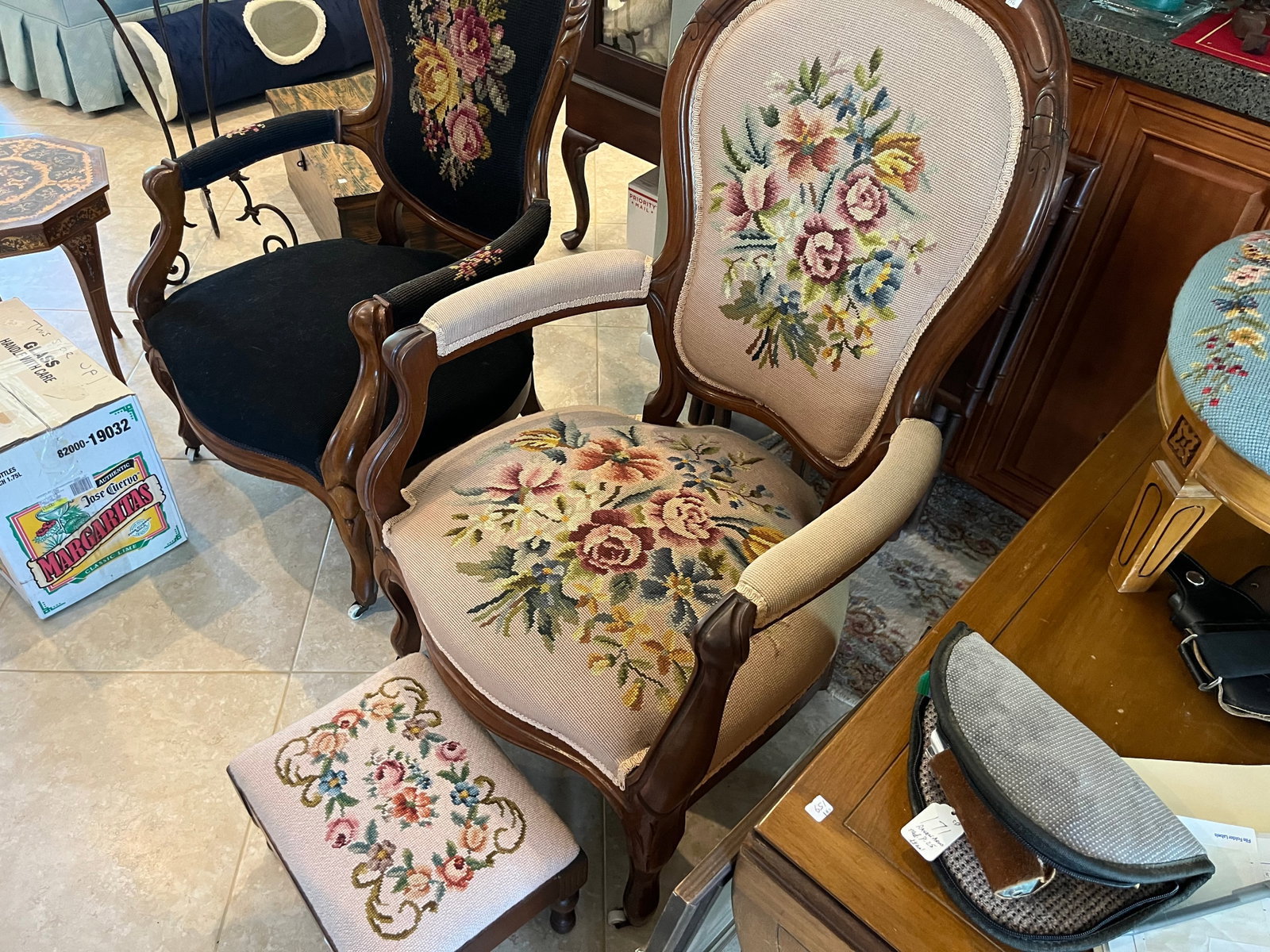 Beige Needle Point Chair w/Foot Stool: Beige Floal Needle Point Chair with Foot Stool