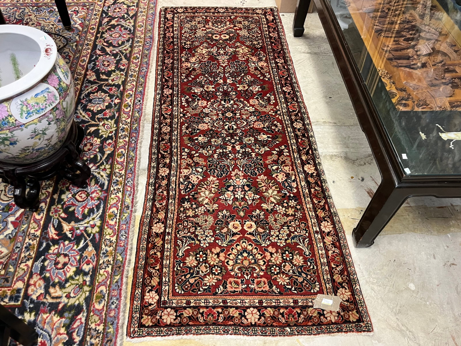Maroon 5'5"x29" Silk Runner: Vintage Hand Knotted Maroon Silk 5'5"x 29" Runner