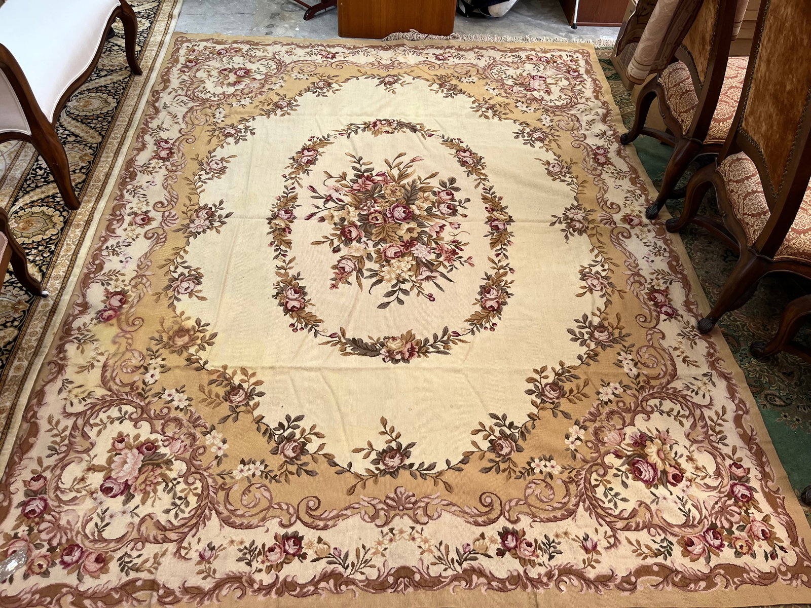 Hand Knotted Needle Point Area Rug 8x16: Hand Knotted Needle Point Beige Floral Area Rug, approx. 8x16