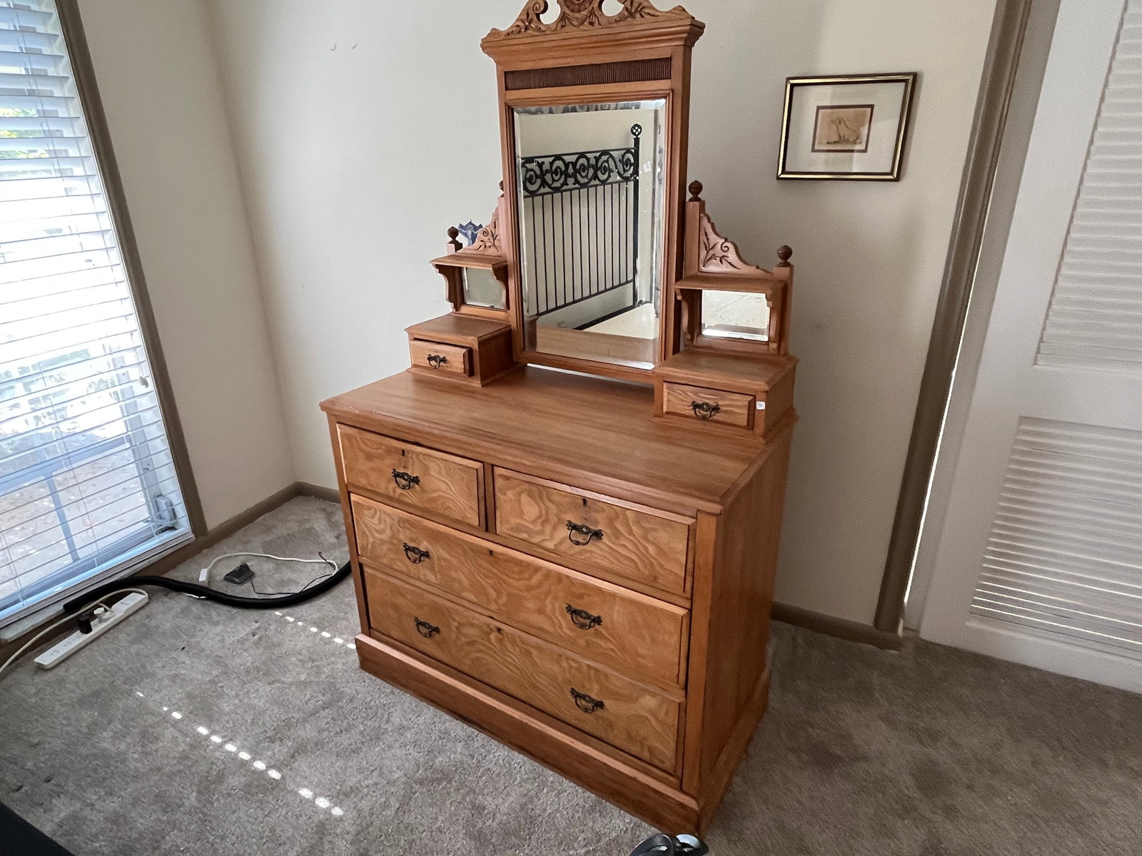 French Pine Dresser w/Mirror: Antique French Pine Mirrored Dresser, 65.5h x 42w x 20d