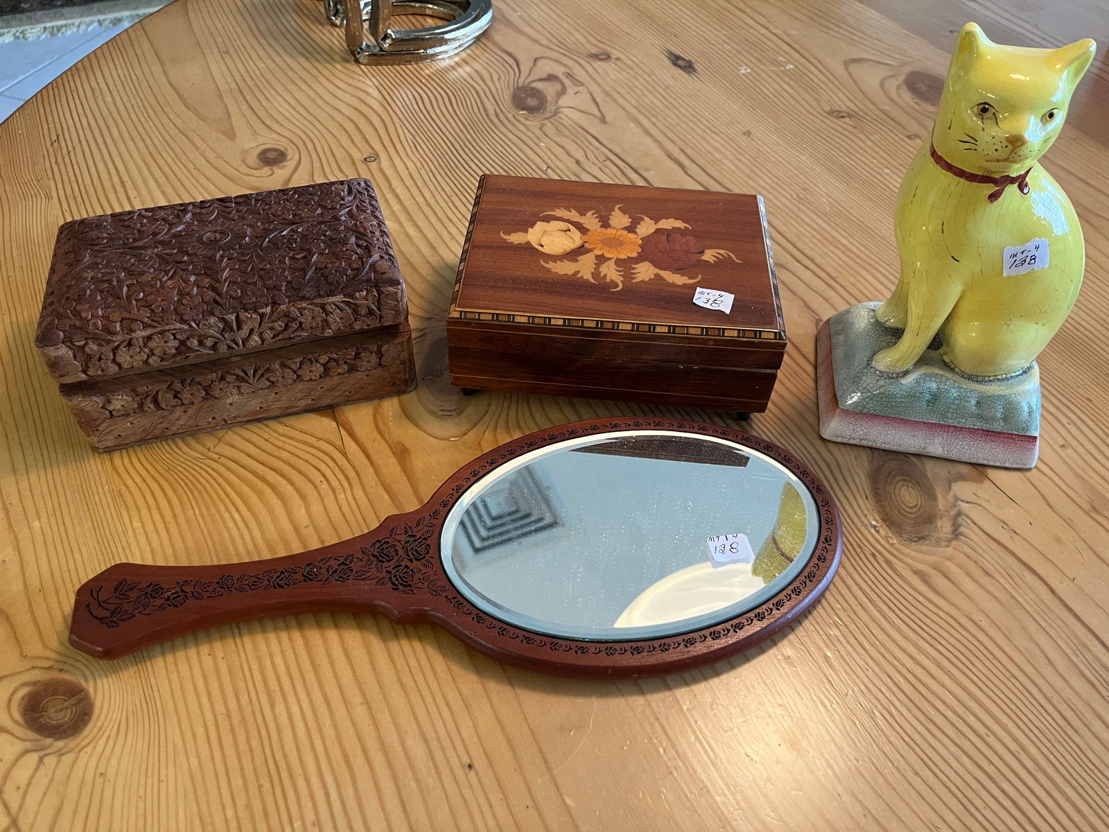 Grouping: Cat-Music BX-Hd.Mirror-Wd.Carve BX's: Vintage Stafford Cat-Italian Music Box-Carved Wood Box-Hand Mirror