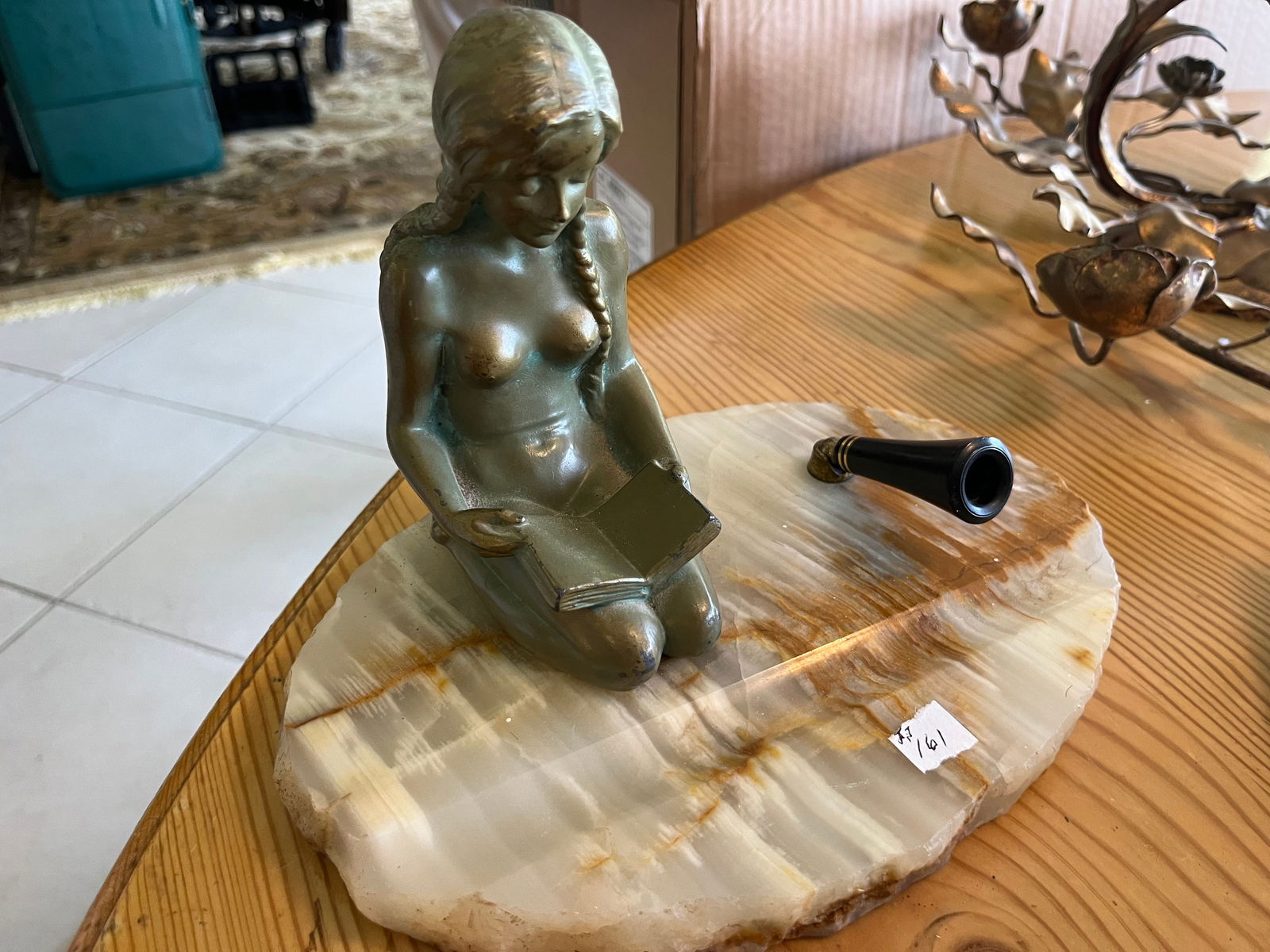 Deco Bronze Nude Pen Holder: Vintage Deco Bronze Nude on Alabaster Pen Holder