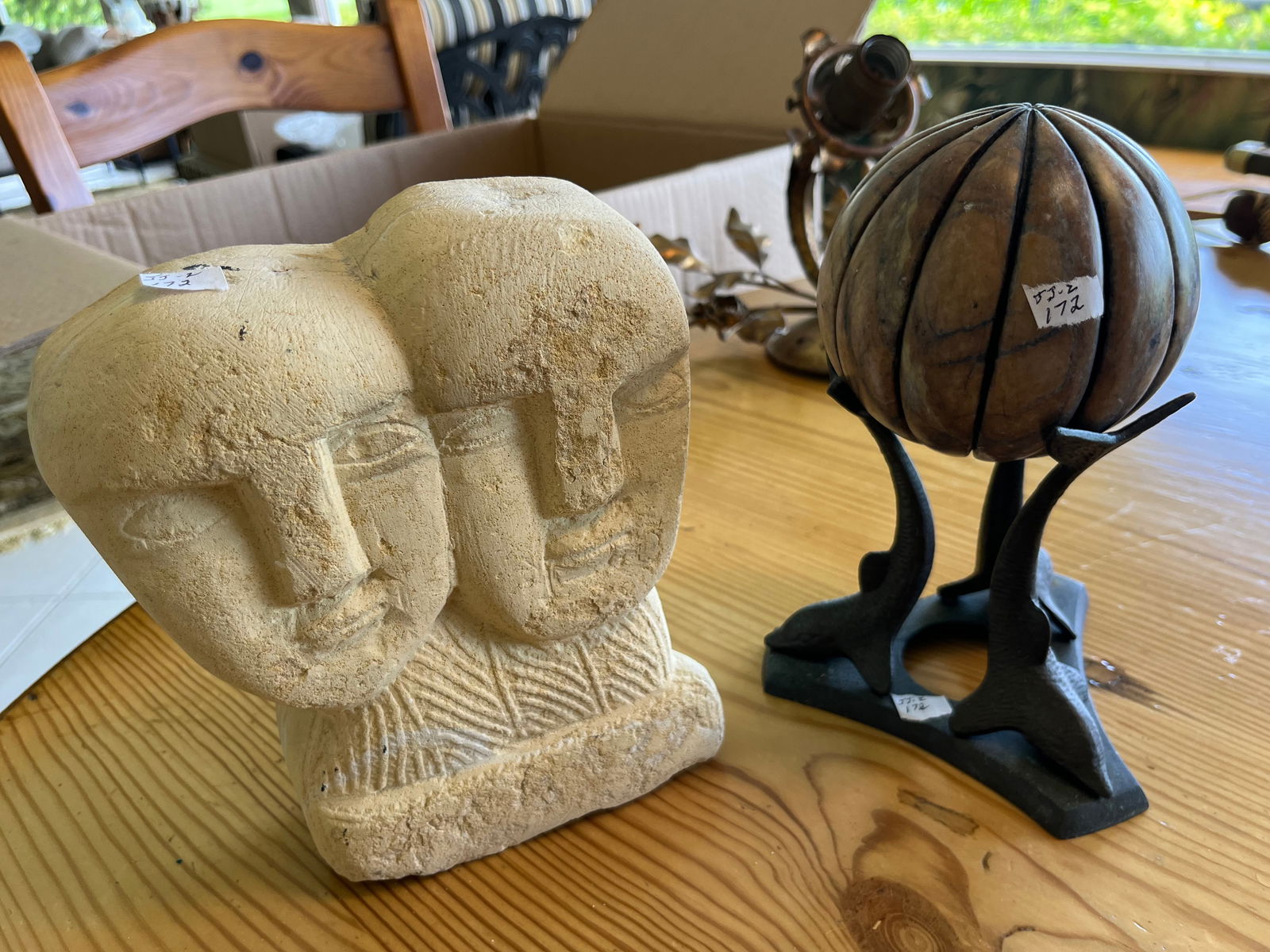 Stone Head Sculpture/Ball on Dolphin Base (1 of 3)