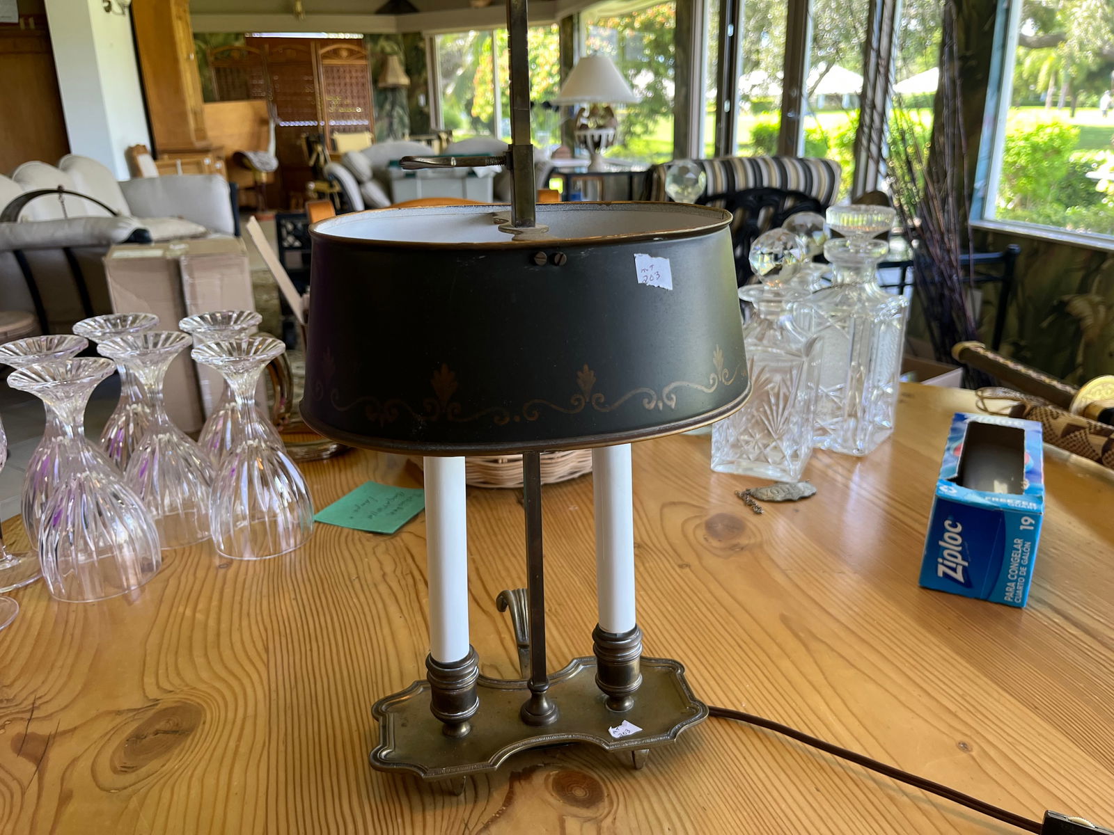 French Brass Library Lamp/Tole Shade (1 of 3)