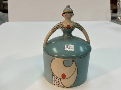 Fulper Lady Powder Jar Art Deco: Rare 6.5" Art Deco Fulper Pottery Figural Lady Powder Jar