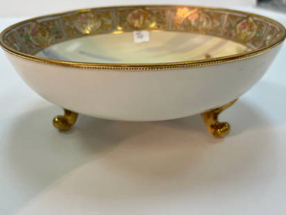 Nippon Gold Footed Bowl: Antique Nippon Hand Painted Gold Footed Bowl, 3h x 8.5w