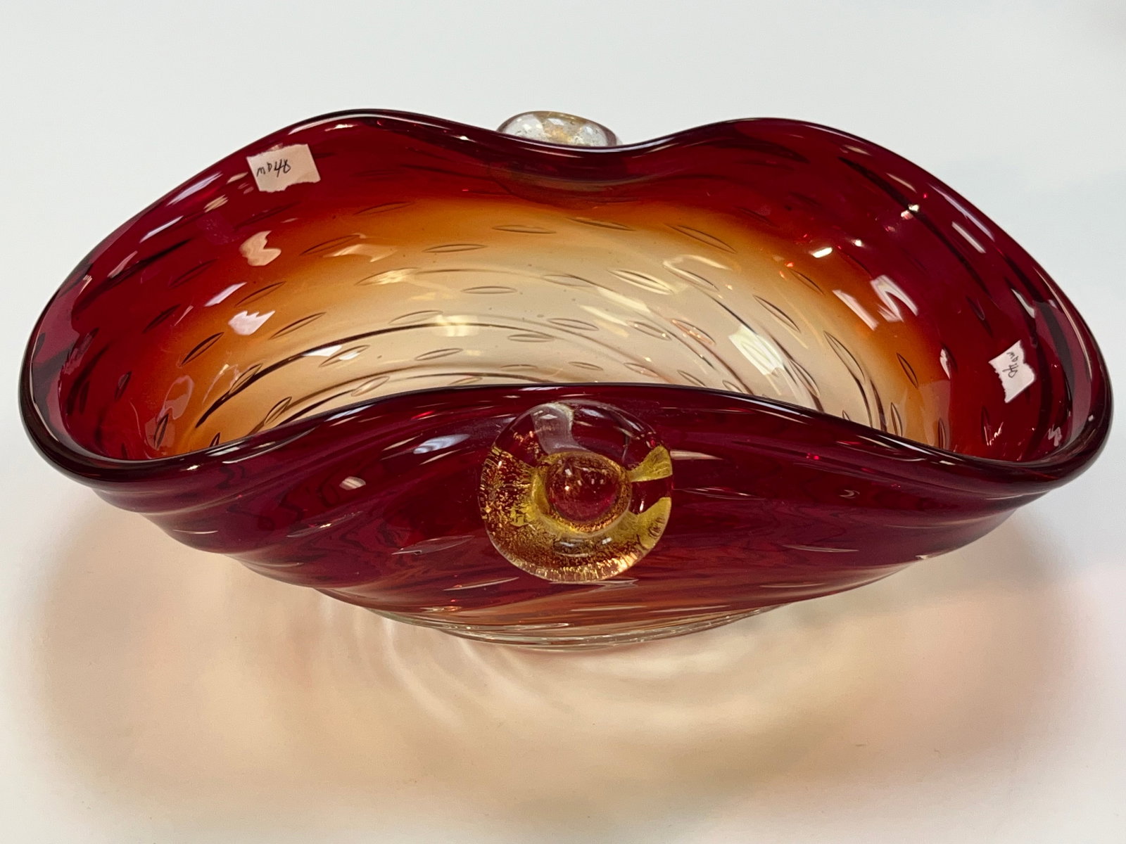 Murano Maroon/Clear Bowl: Vintage Murano Oval Bowl w/Gold Fill on ea. Side, 4h x 10w x 7d
