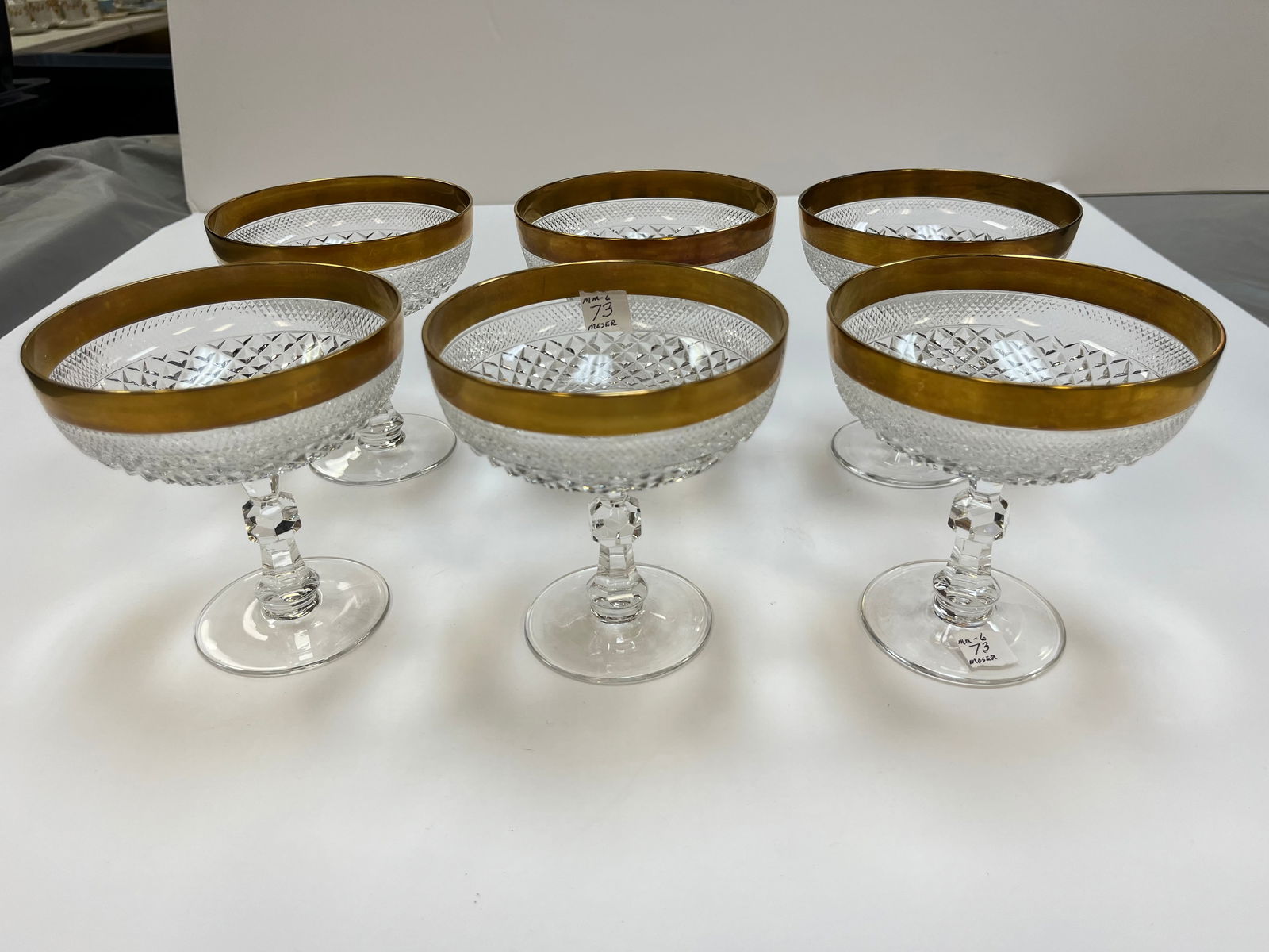 Moser Gold Rim Glasses (6): (6) Josephinehutte Moser 24k Gold Rim Crystal Champagne Glasses