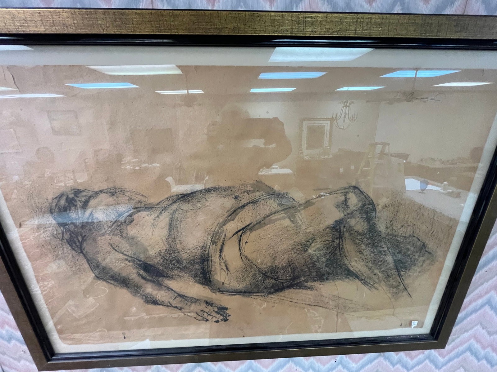 Charcoal Painting 'Man on Back': Charcoal on Paper dipicting Man Lying on his Back. 24x36, Frame 29.5x42
