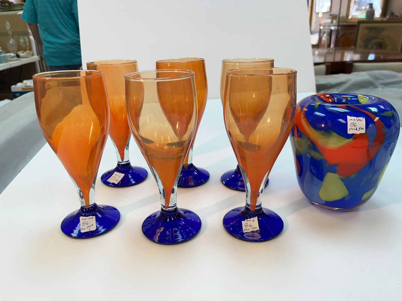 Blue Base Orange Glasses (6) & Art Glass Vase (1 of 5)