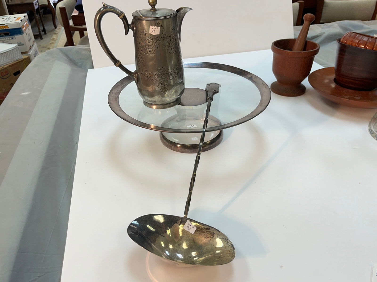 3pcs. Silver Rim Glass Cake Stand-Laddle-Silver Coffee Pot (1 of 5)