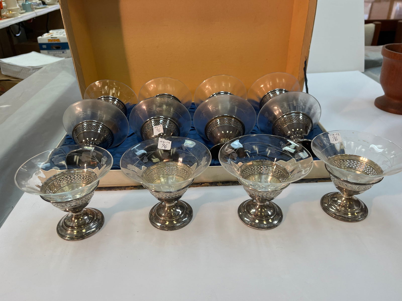 Silver Base Etched Glass Sorbet Glasses (12) (1 of 4)