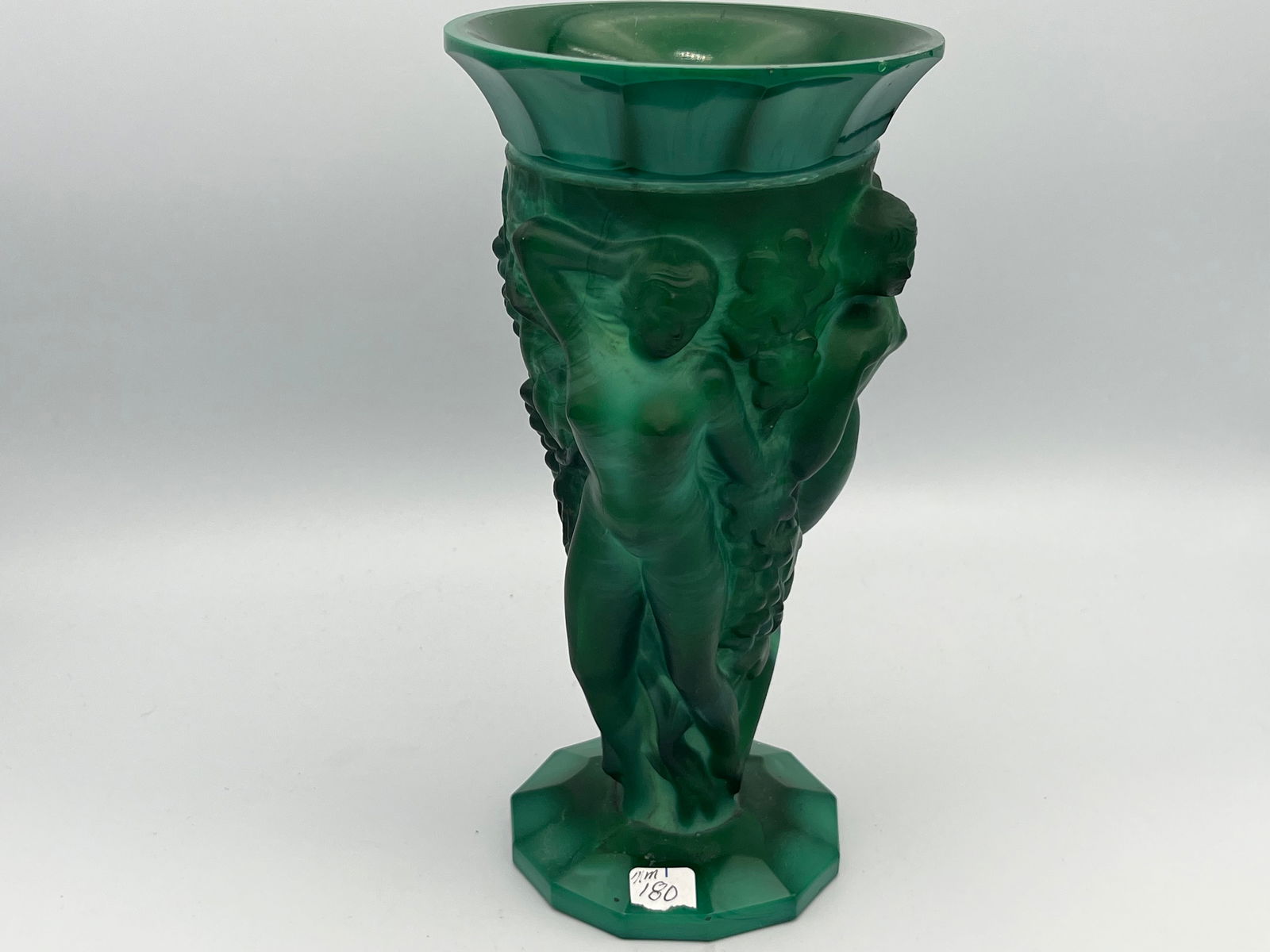 Art Deco Malachite Green Nymph Vase: Vintage Czech Art Deco Malachite Green Ingrid Glass Nymph Vase, 8.5"h