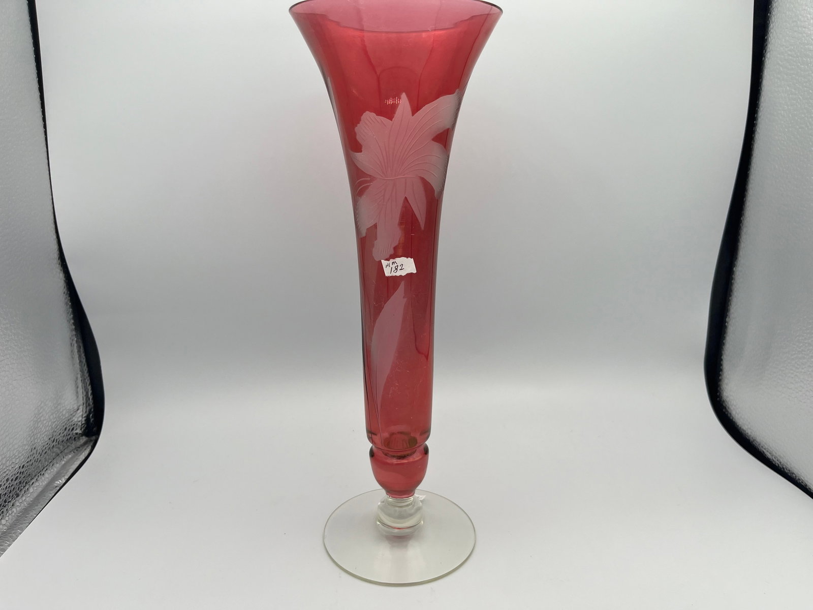Etched Cranberry Fluted 12" Vase: Etched Cranberry Fluted Frosted Floral 12"h Vase