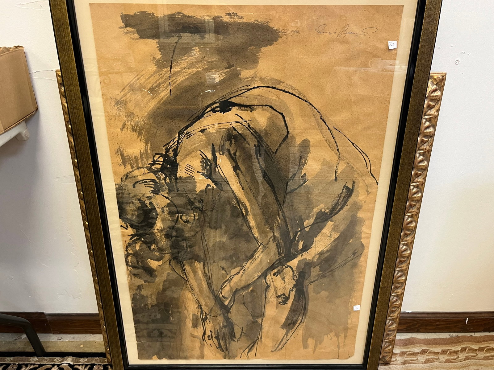 Charcoal 'Nude Stooped Over: Charcoal on Paper signed U.R. 'Nude Stooped Over', 36x24