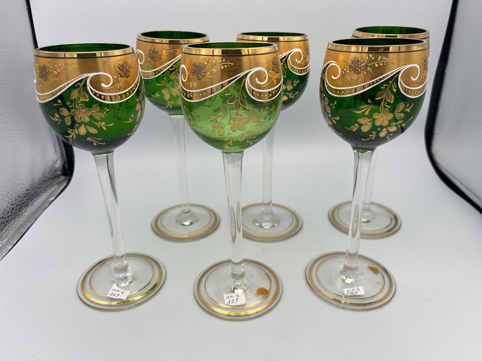 (6) Vintage Bohemiam Emerald Wine Goblets: (6) Vintage Bohemiam Emerald Green Gold Crystal Wine Glasses