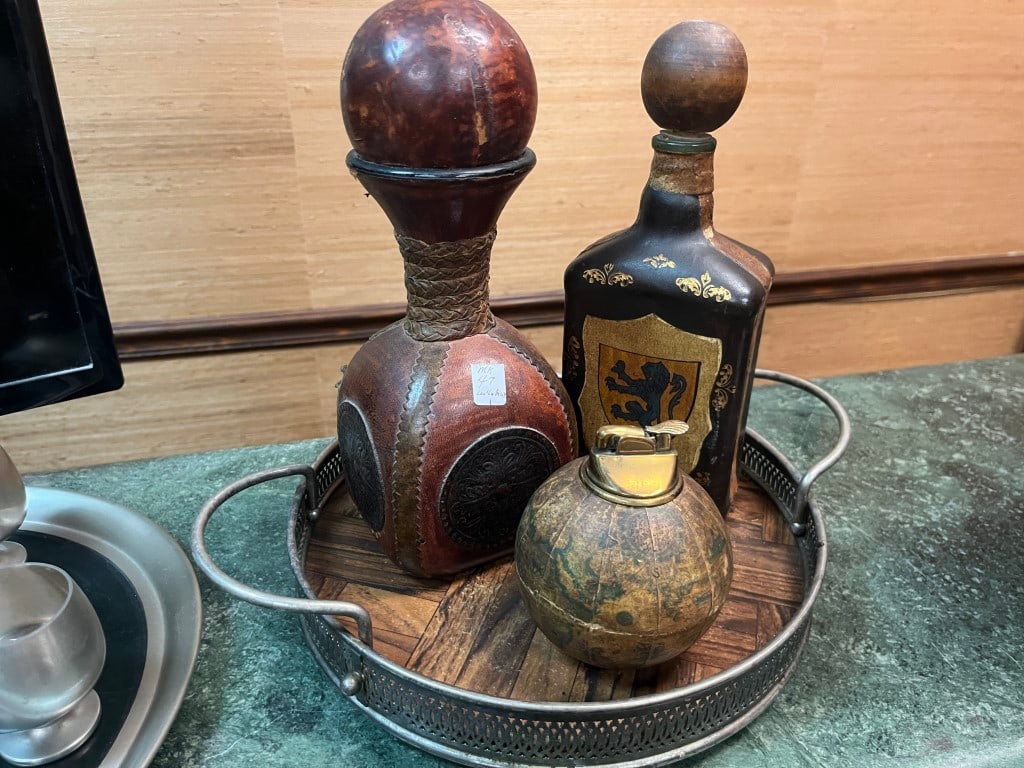 Leather Bound Decanters/Lighter on Tray: Vintage Leather Bound Decanters & Cigarette Lighter on Tray