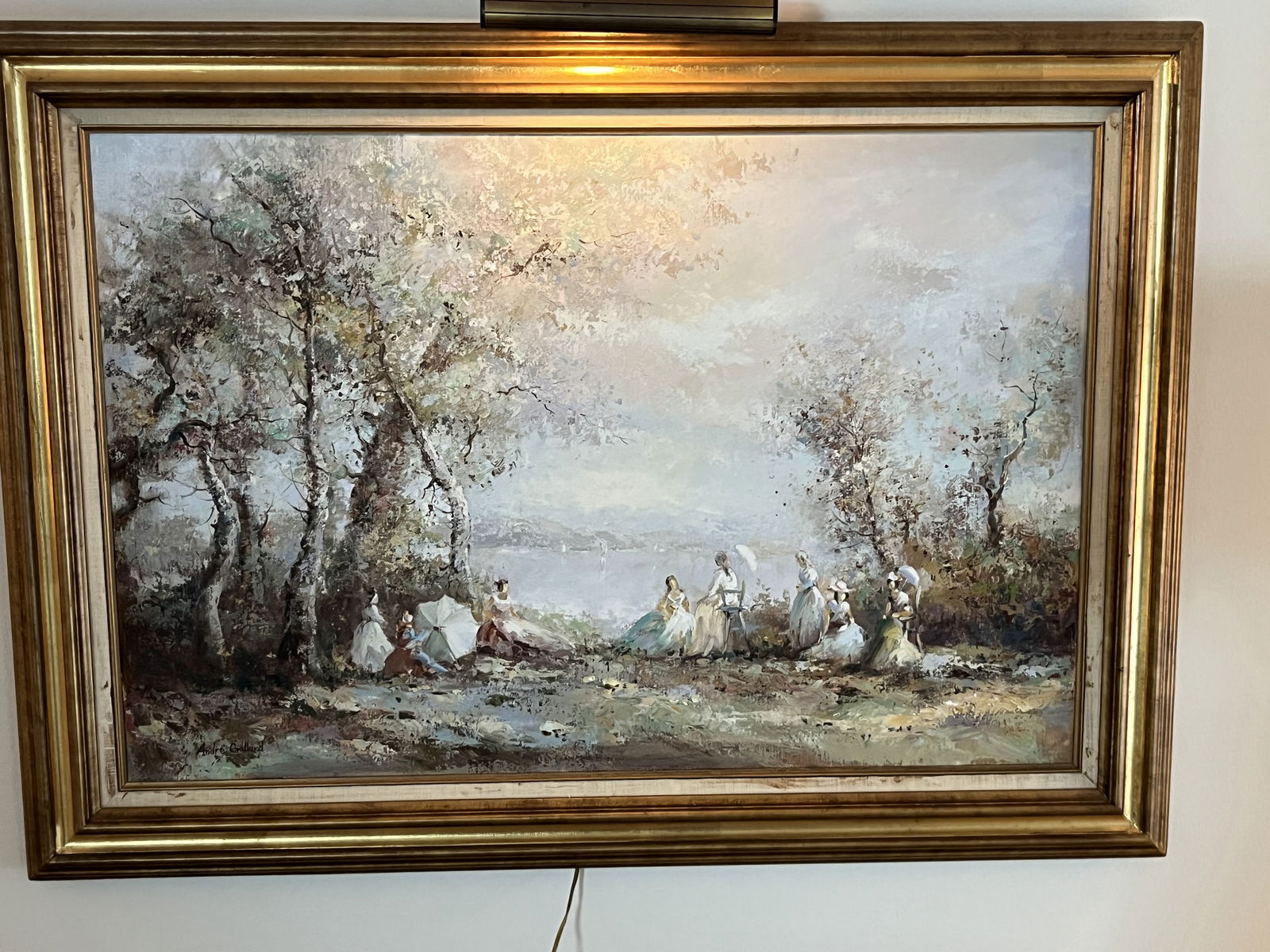 Gilt Framed Oil/Canvas 'Ladies at Lake' (1 of 3)