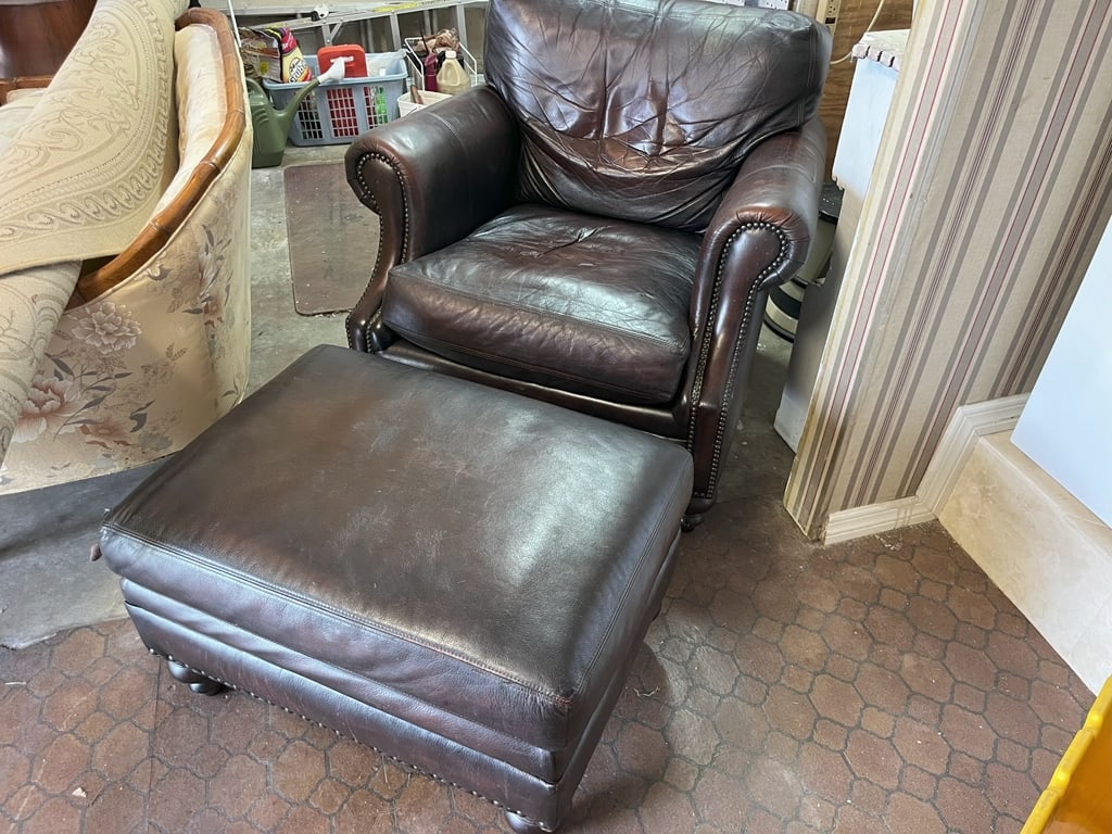 Martha Stewart Leather Chair: Martha Stewart Brown Leather Arm Chair with Footstool