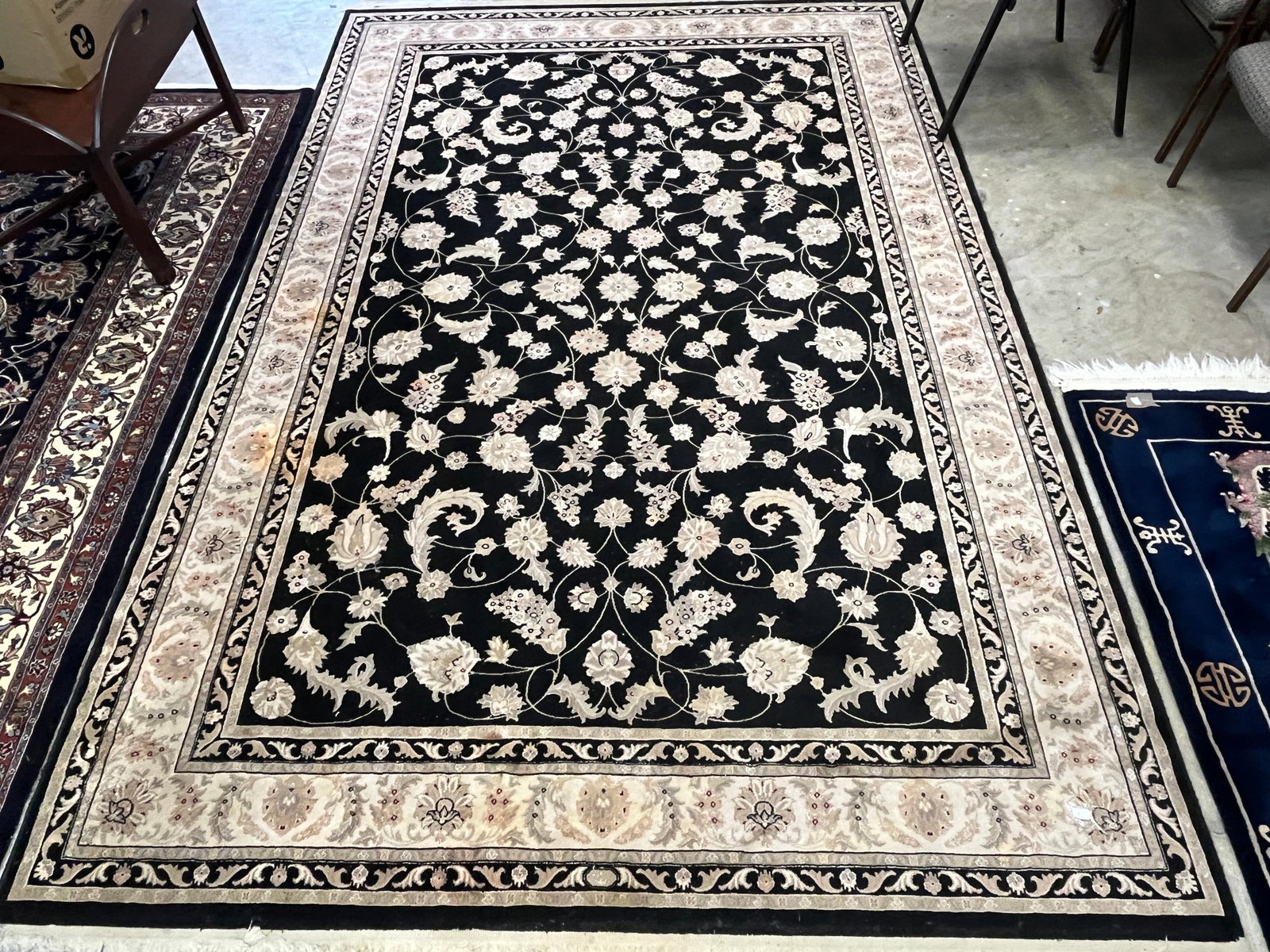 Be/Bk Area Rug 6'7"x9'10": Persian Renaissance Beige/Black Rug, 6'7"x9'10" (will need a cleaning as it has a stain)