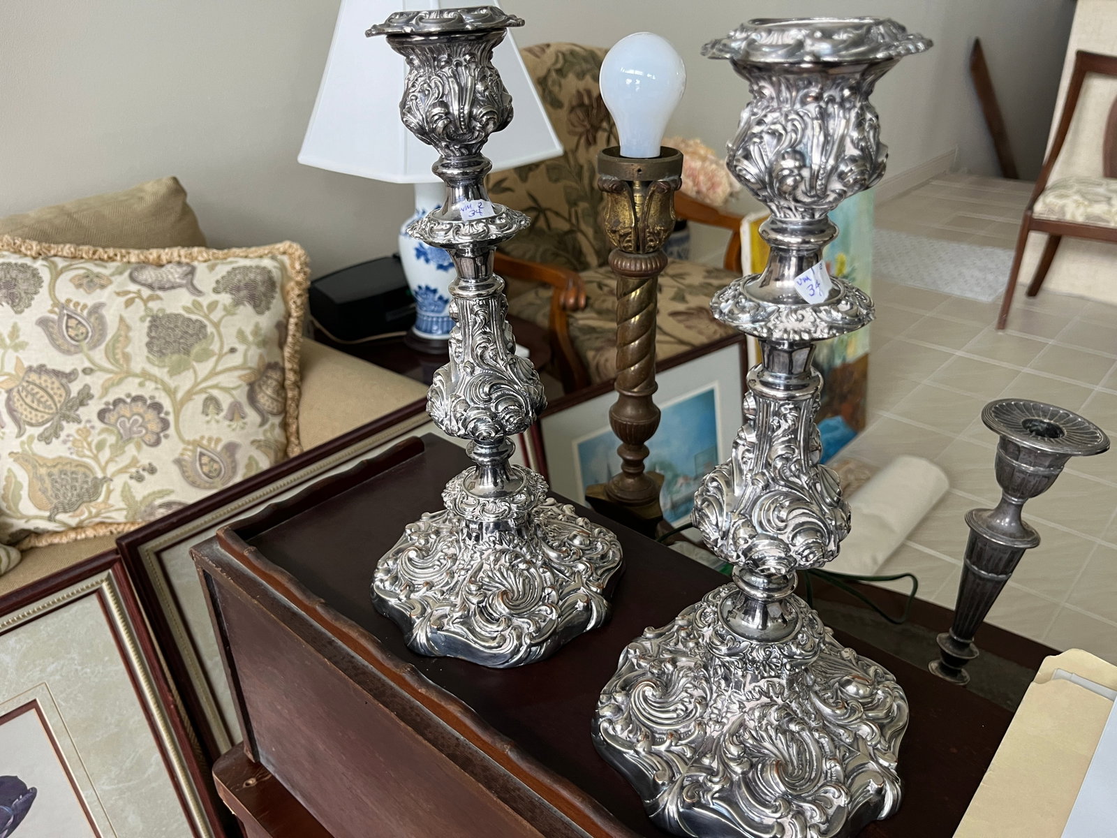 Pr. Silver Jewish Candle Sticks: Pair Ornate Silver Jewish Candle Sticks, 13"h