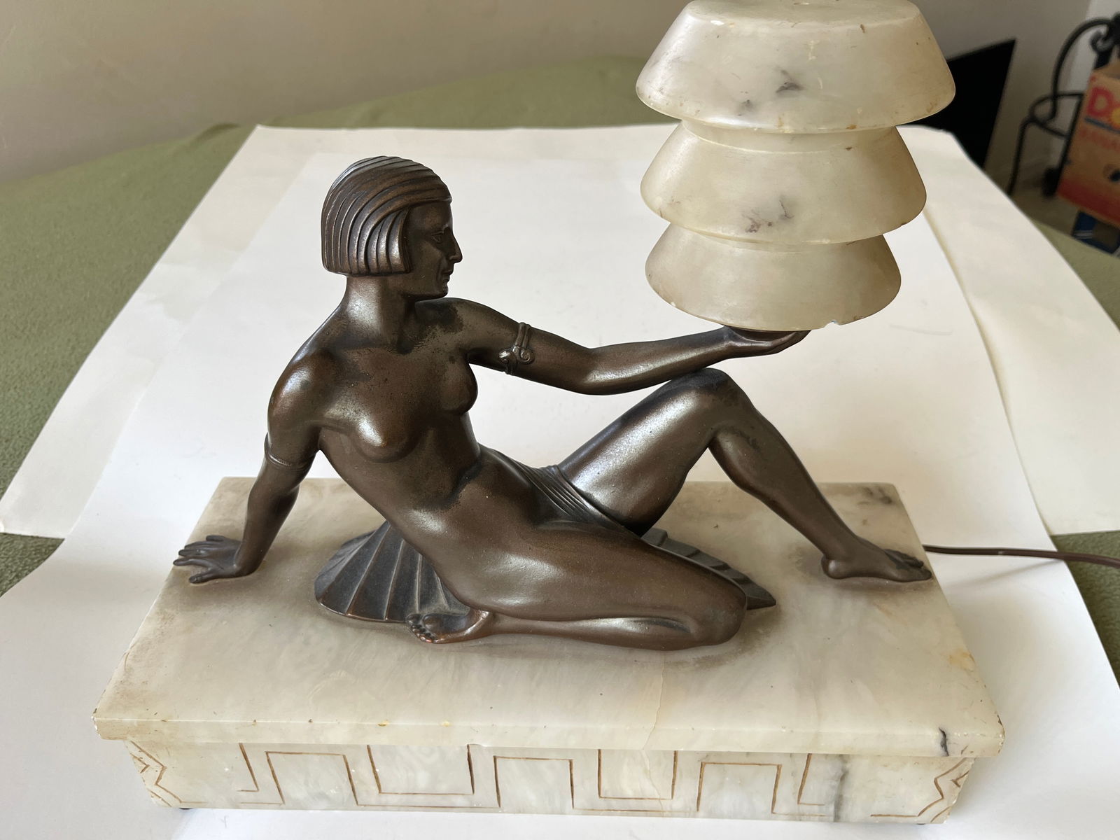 Deco Nude Lamp: Deco Lamp, Nude Sitting on an Alabaster Base with an Alabaster Globe (v.minor chips on globe) c.1930's