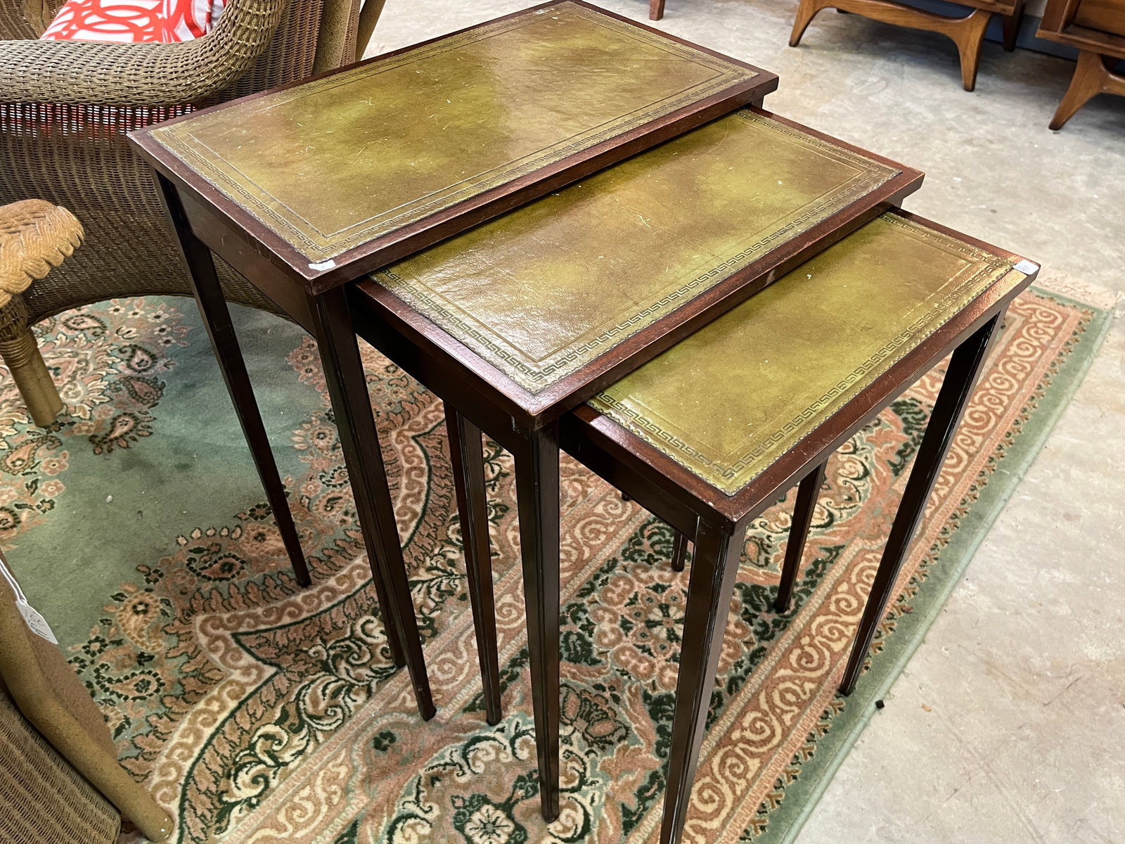 Leather Top Nest of 3-Tables: Vintage Hand Tooled Leather Top Nest of 3-Tables
