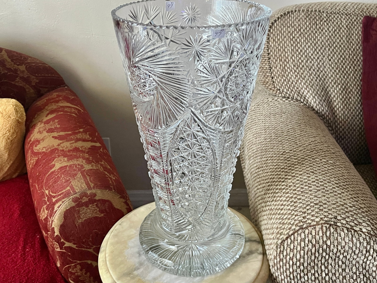 Crystal 17.5"h Vase: Cut Crystal 17.5"h Vase, 9.25"dia. (v.v. slight chip on rim,see pic)