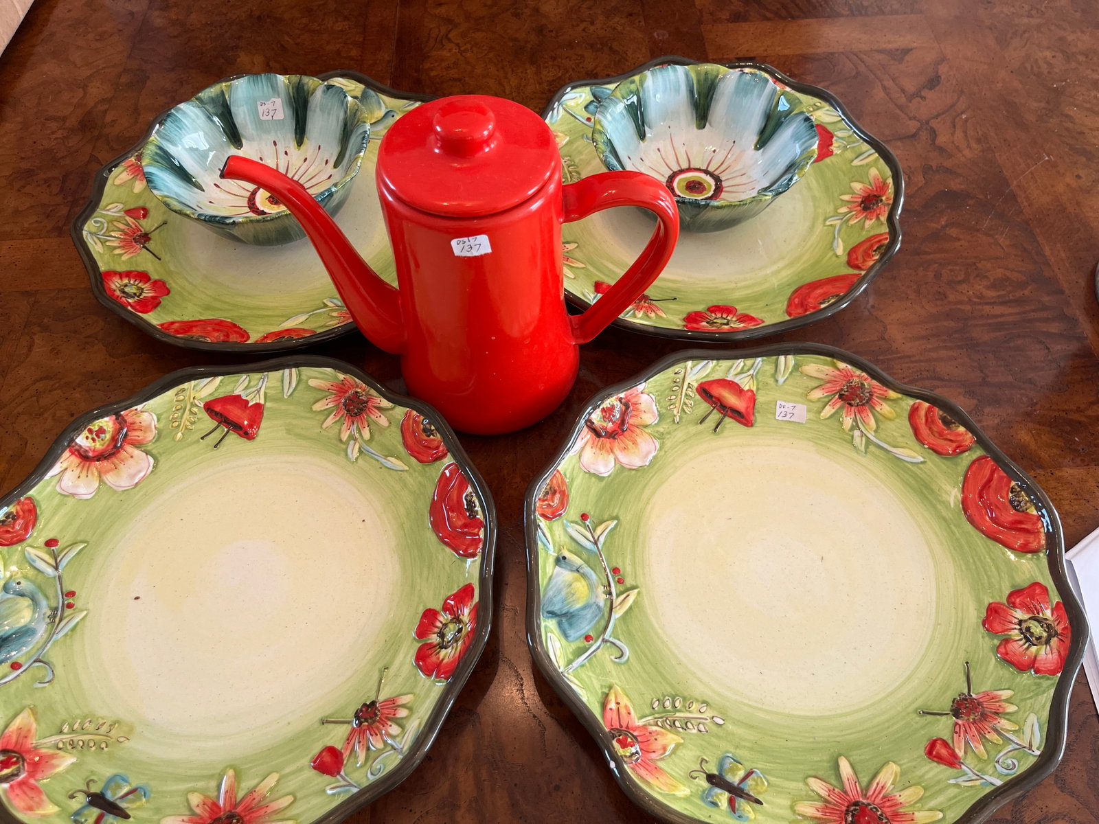 4-Plates, 2-Bowl, Red Coffee Pot & Red Tea Pot: 4-Cypress 11"-Plates & 2-Bowls plus Red Coffee Pot. & Red Tea Pot