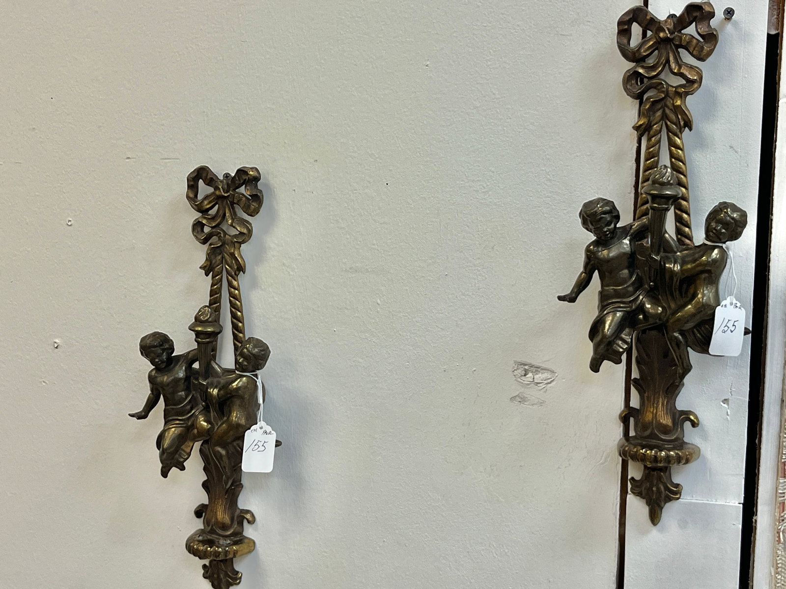 Pair Brass Cherub Sconces: Pair Vintage BWM & Co. Brass Cherub Wall Sconce, 16"h