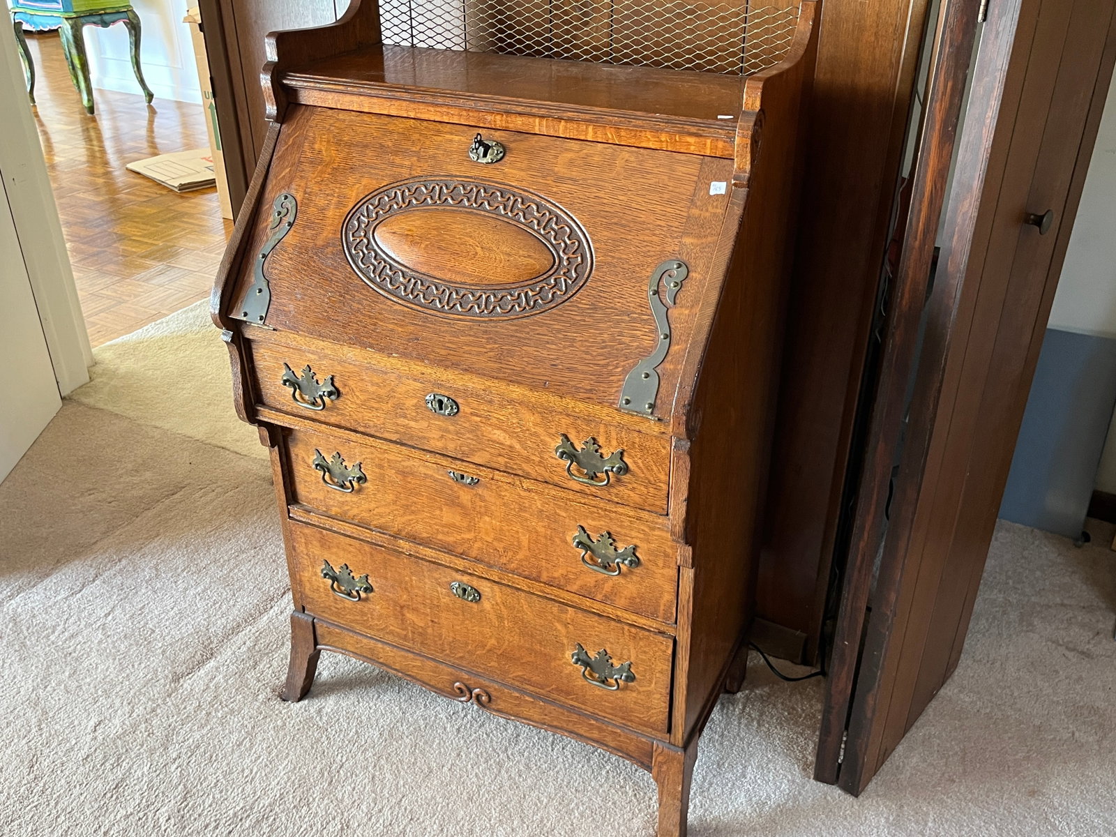 Tiger Oak Secretary Drop Ft. Desk: Antique Tiger Oak Secretary Drop Front Desk, 44h x 27w x 16d