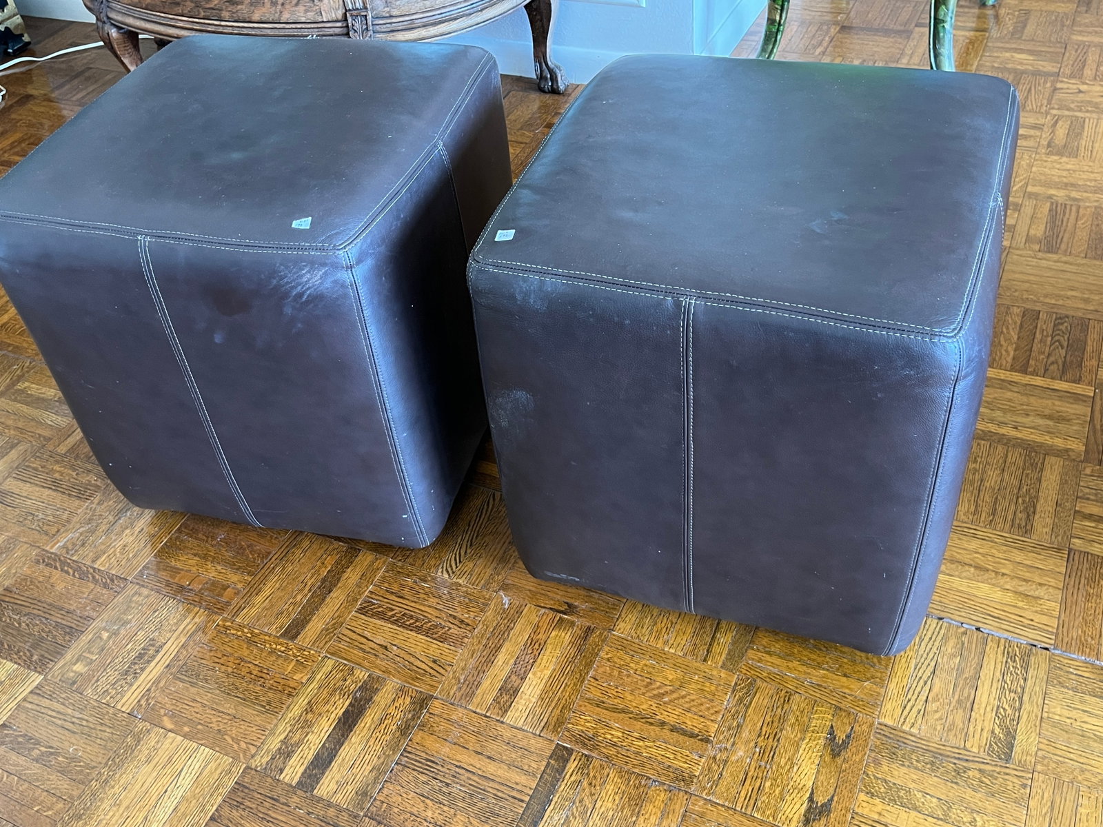 Brown Leather Sq. Stools (2): Vintage, 2-Brown Leather Square Stools on Wheels, 20"h x 18"sq.
